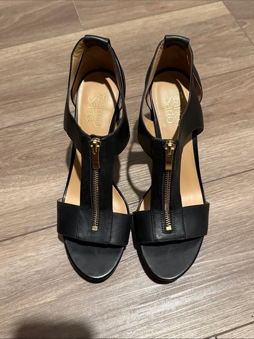 Franco Sarto Black T-Strap 4inch Heeled Sandals with Gold Zip